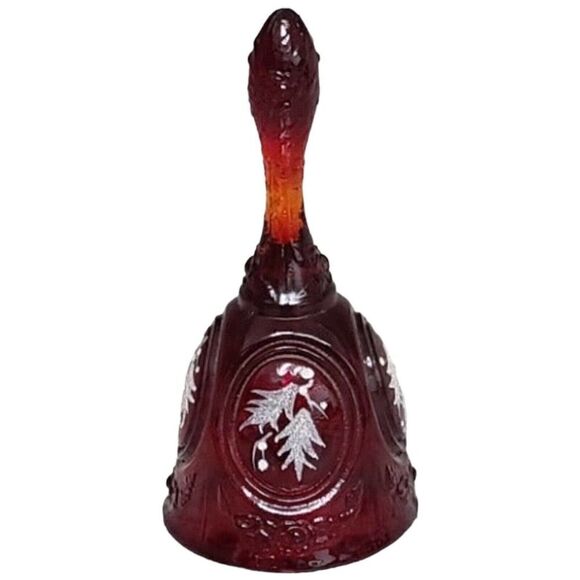 Vintage Fenton Ruby Red Amberina Handle, Bell, Christmas, Holly | Signed B.Nash - Picture 1 of 5